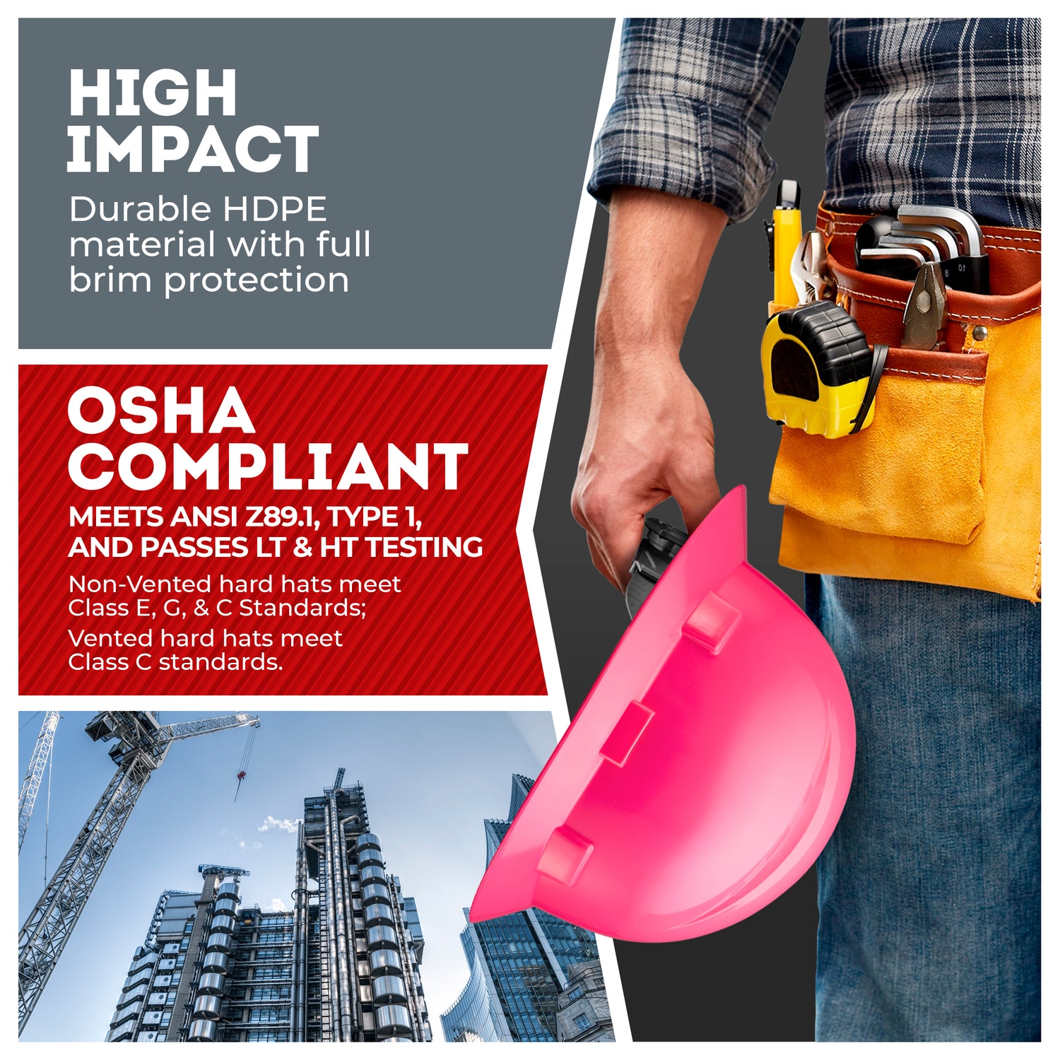 Full Brim Pink Non-Vented Hard Hat