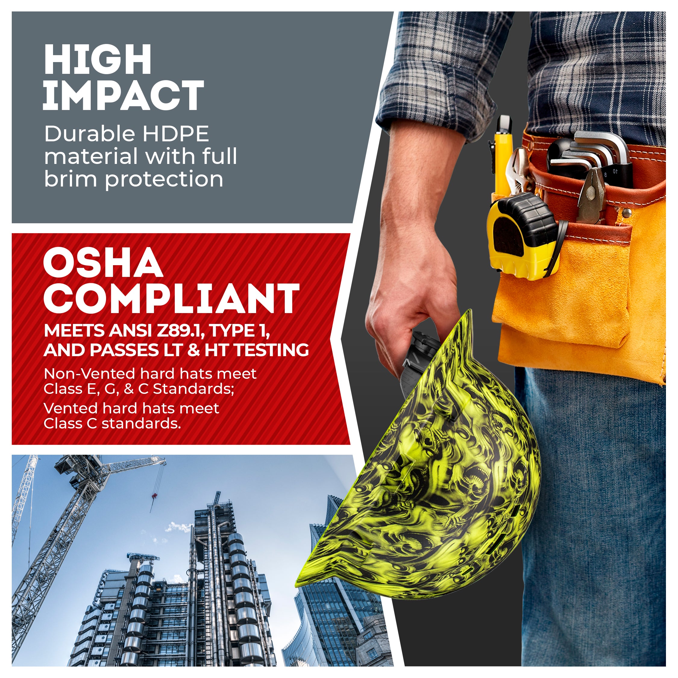 Full Brim Three Wise Skulls Matte Finish Non-Vented Hard Hat