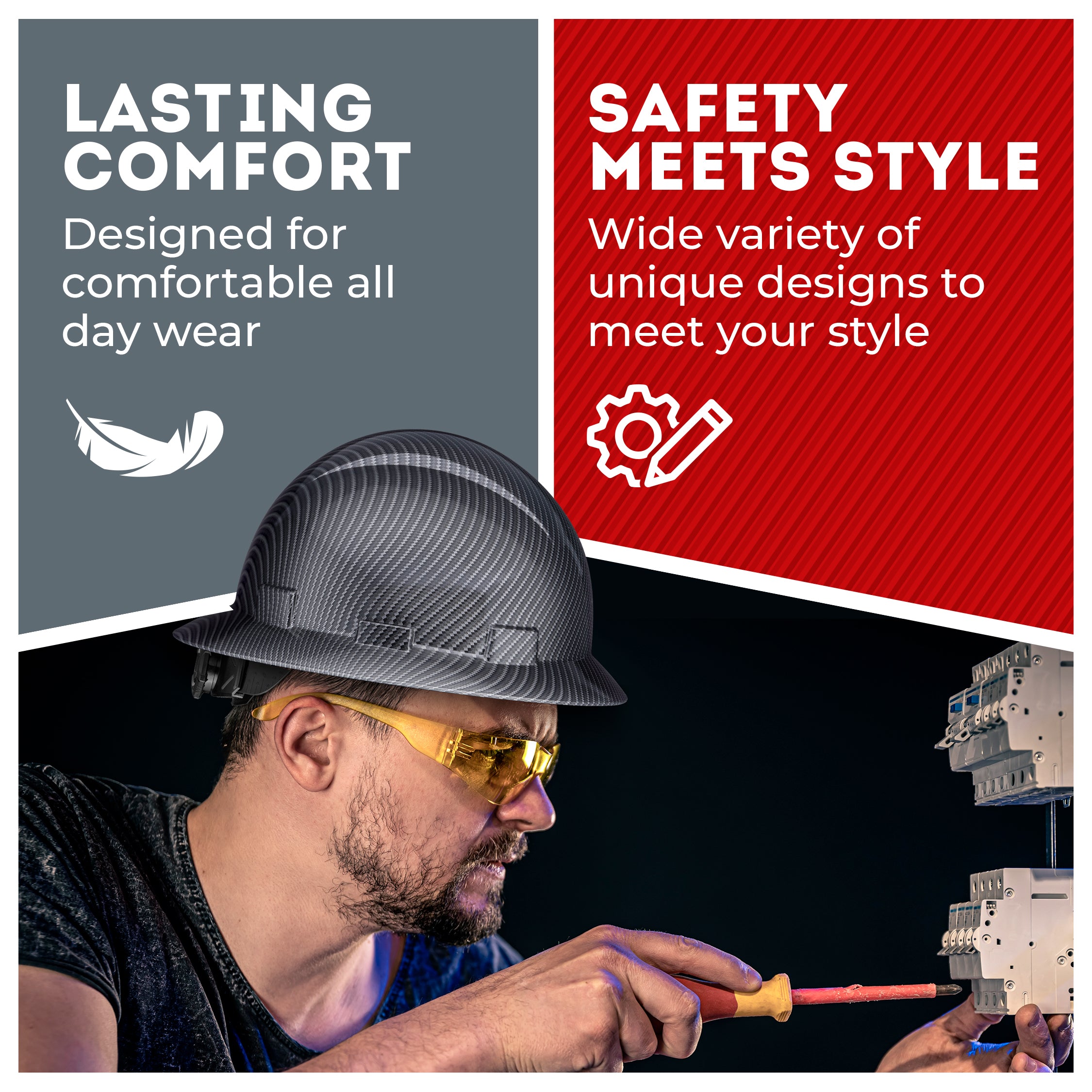 Full Brim Black Textured Graphite Design Gloss Finish Non-Vented Hard Hat