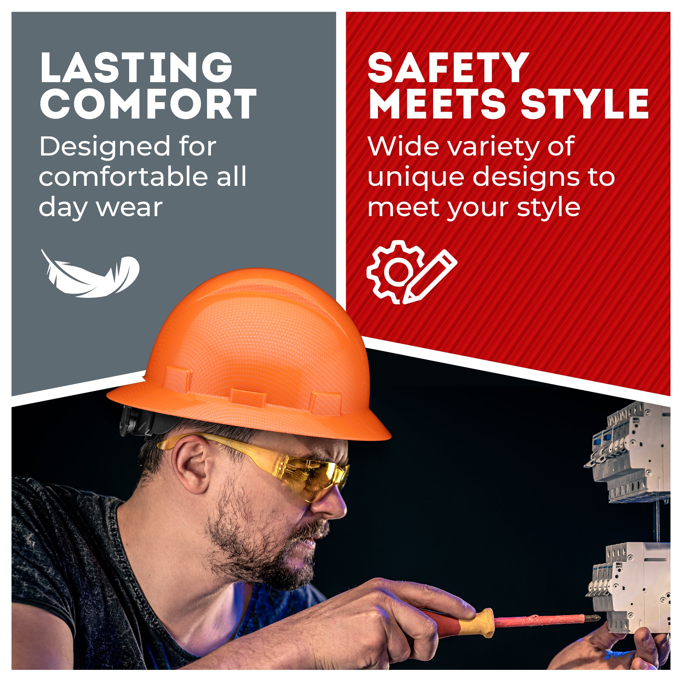 Full Brim Orange Textured Graphite Design Gloss Finish Non-Vented Hard Hat