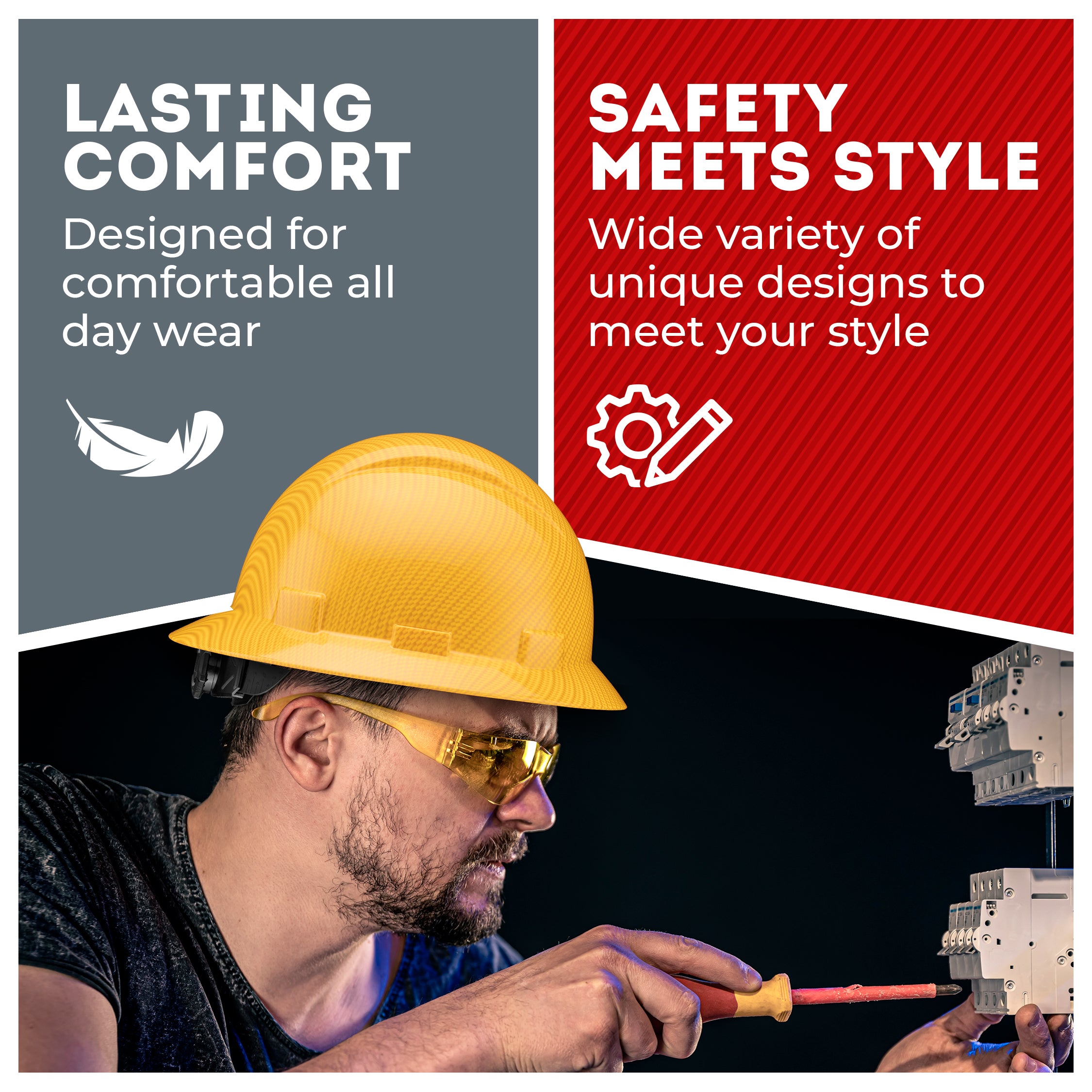 Full Brim Yellow Textured Graphite Design Gloss Finish Non-Vented Hard Hat