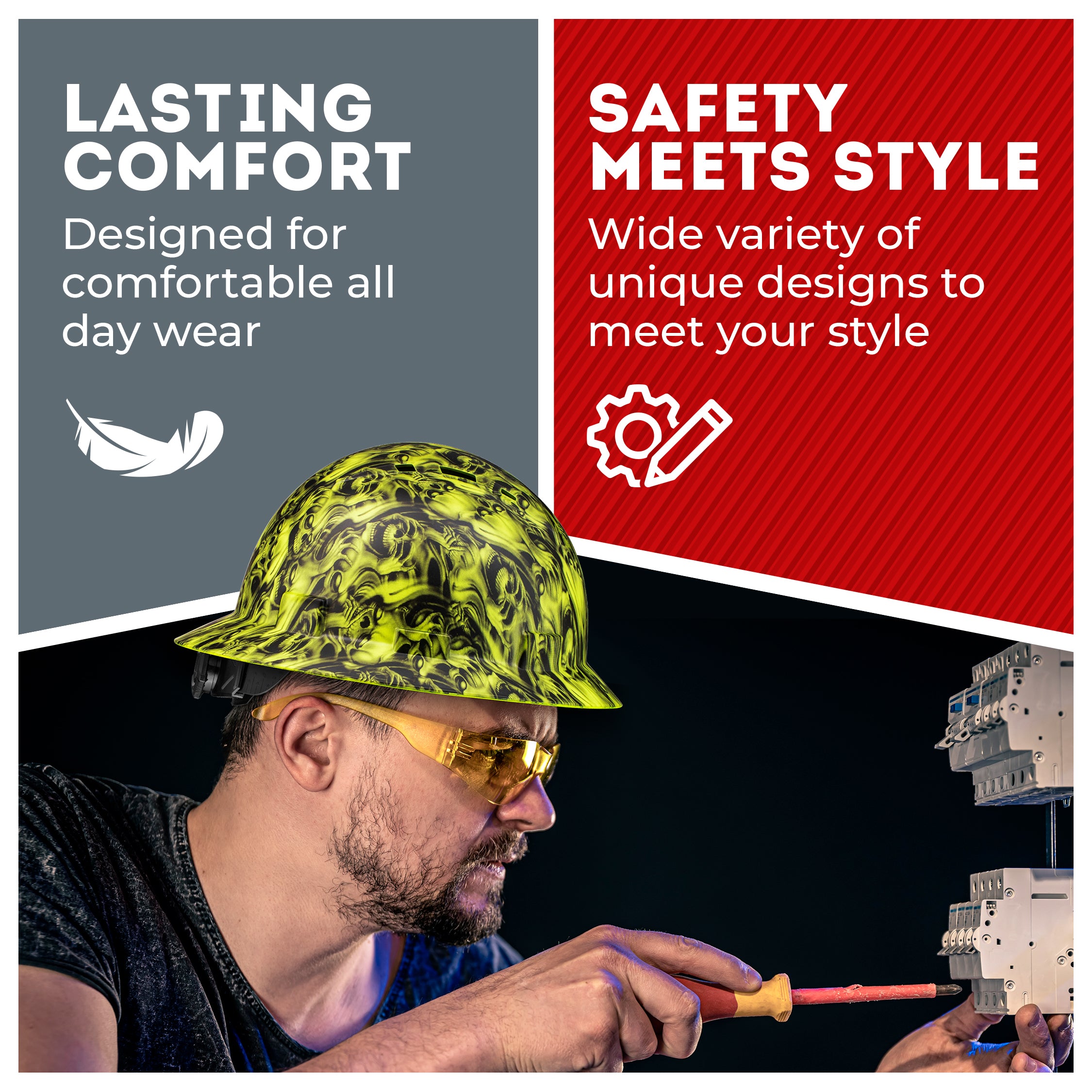 Full Brim Three Wise Skulls Matte Finish Non-Vented Hard Hat