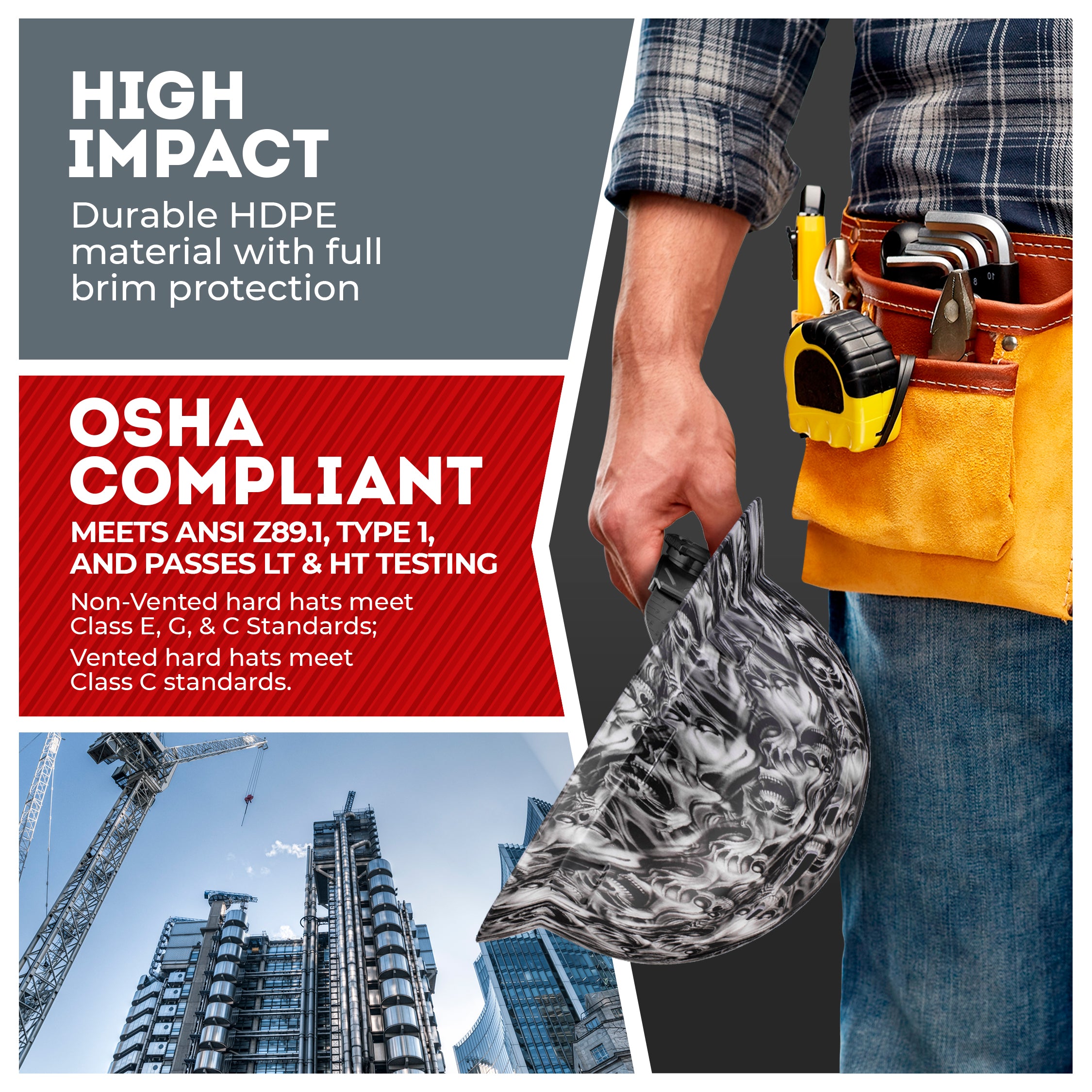 Full Brim Three Wise Skulls Matte Finish Vented Hard Hat