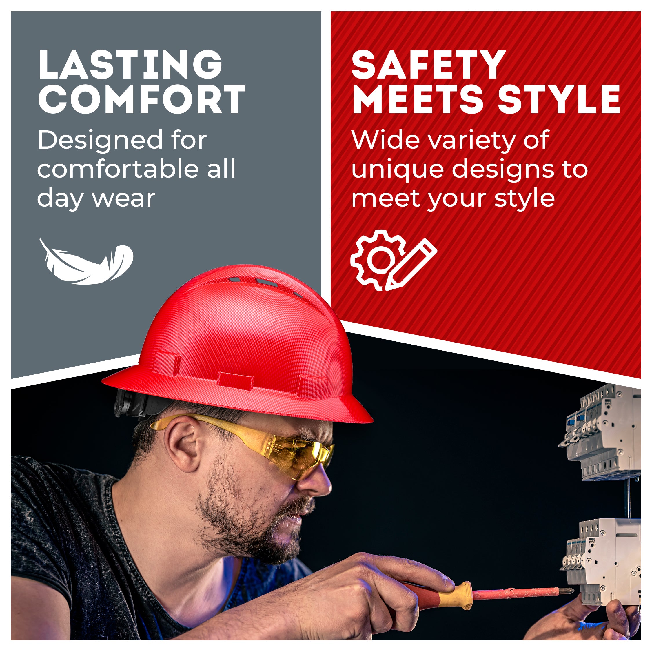 Full Brim Red Textured Graphite Design Gloss Finish Vented Hard Hat