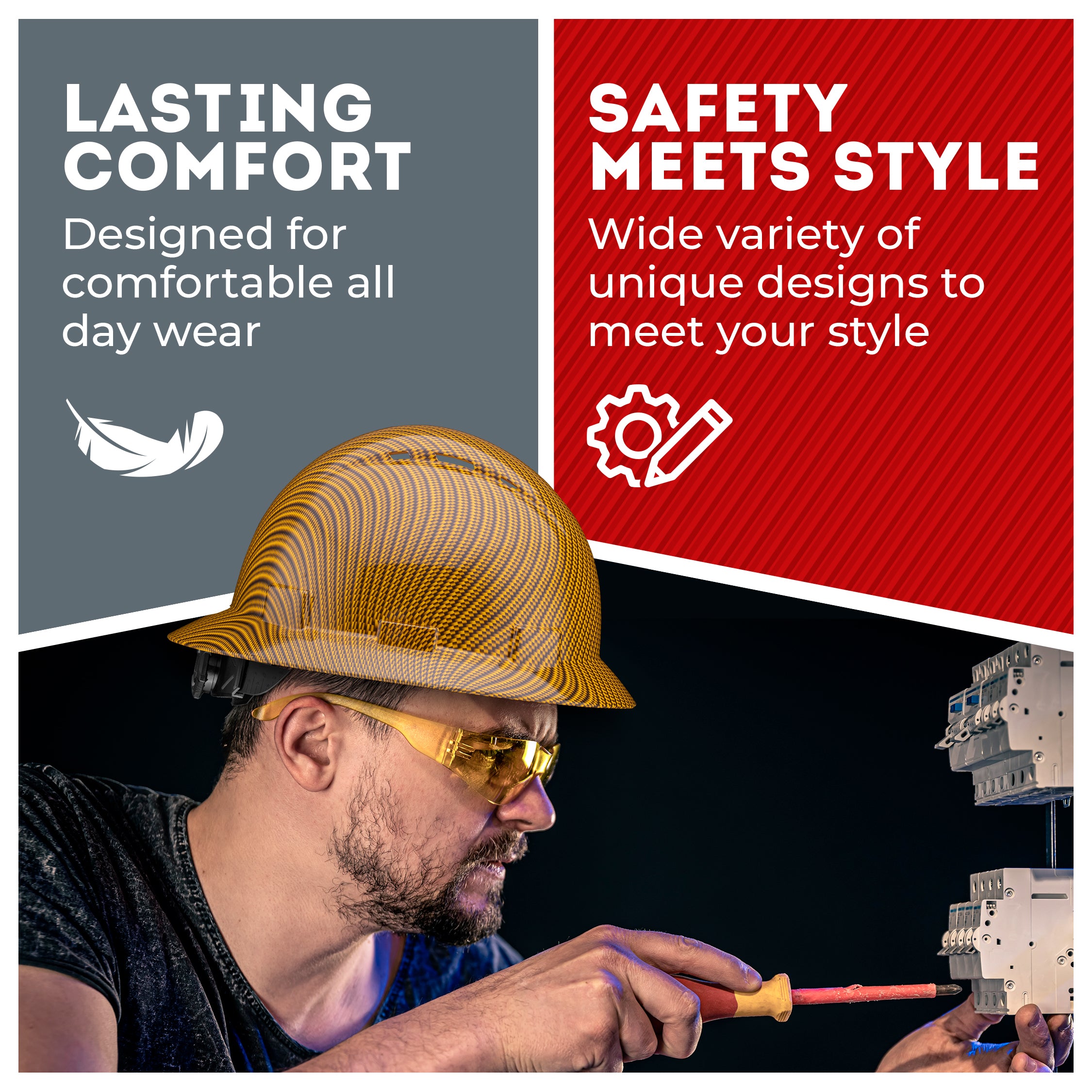 Full Brim Yellow Graphite Design Gloss Finish Vented Hard Hat