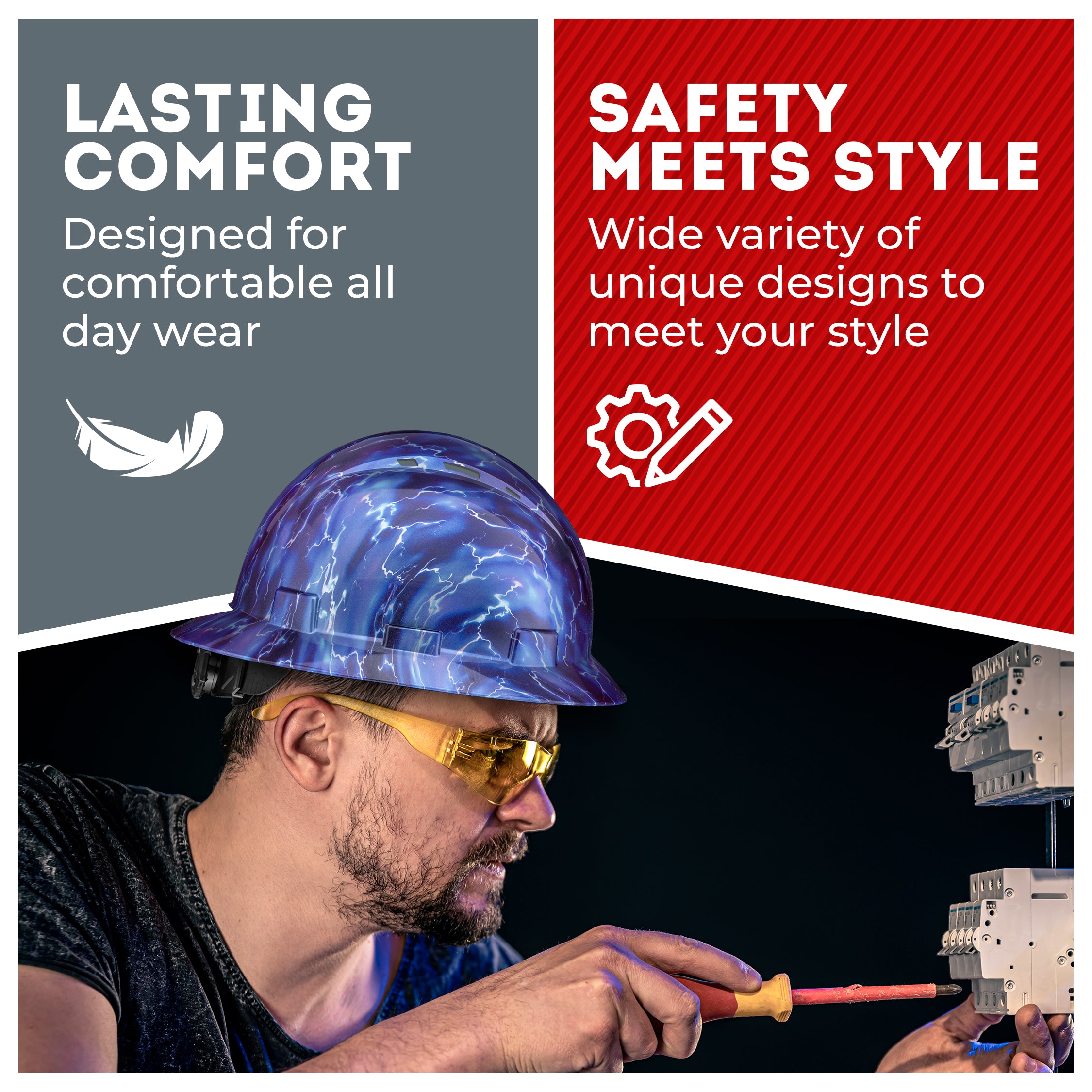 Full Brim Blue Lightning Gloss Finish Vented Hard Hat