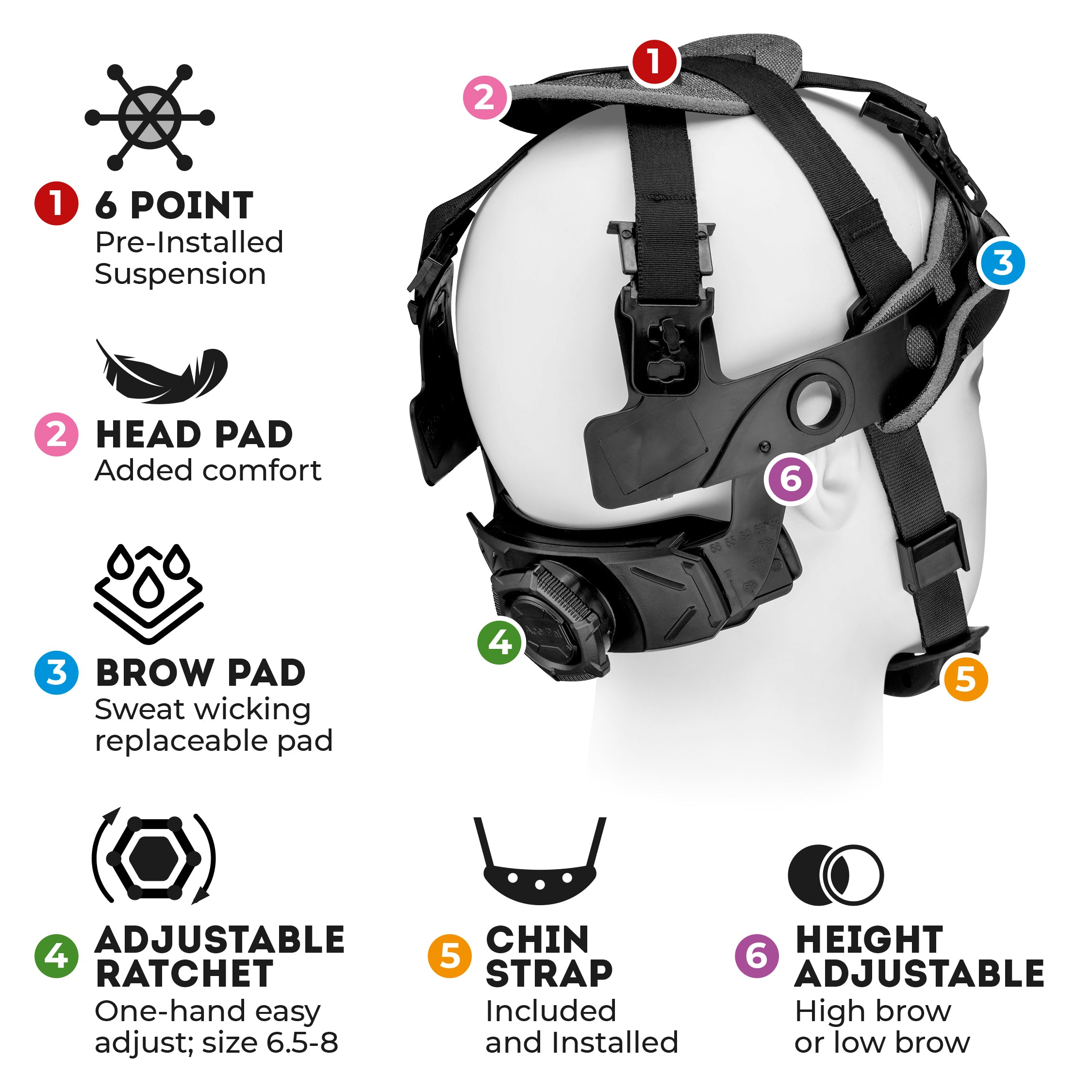 6 Point Ratchet Suspension for Full Brim Acerpal Hardhat