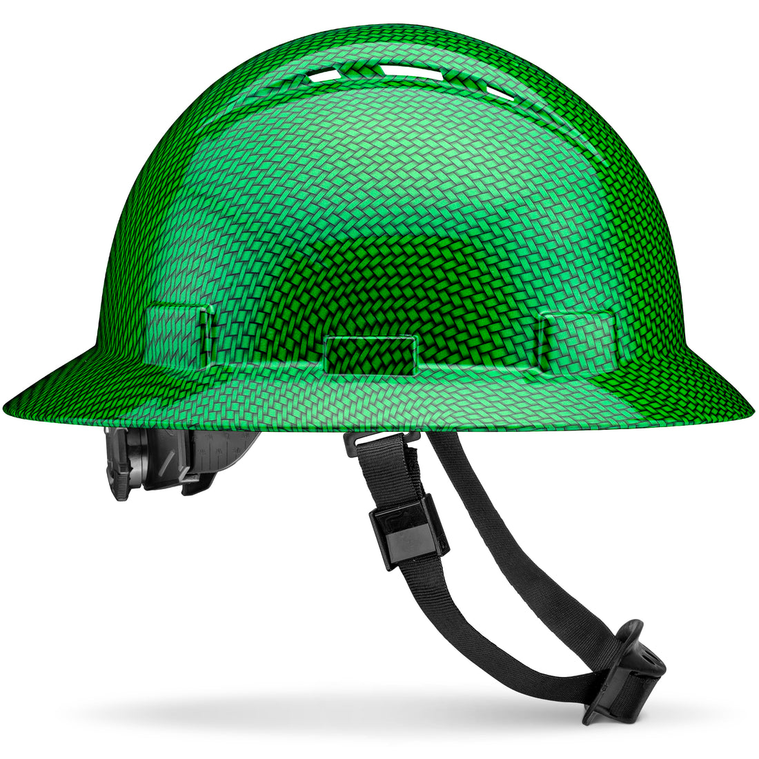 Full Brim Green Weave Carbon Fiber Design Gloss Finish Vented Hard Hat
